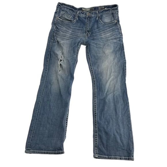 BKE Jeans Mens 36x32 Blue Seth Bootcut Distressed Denim Premium Light Wash Biker - Picture 1 of 11